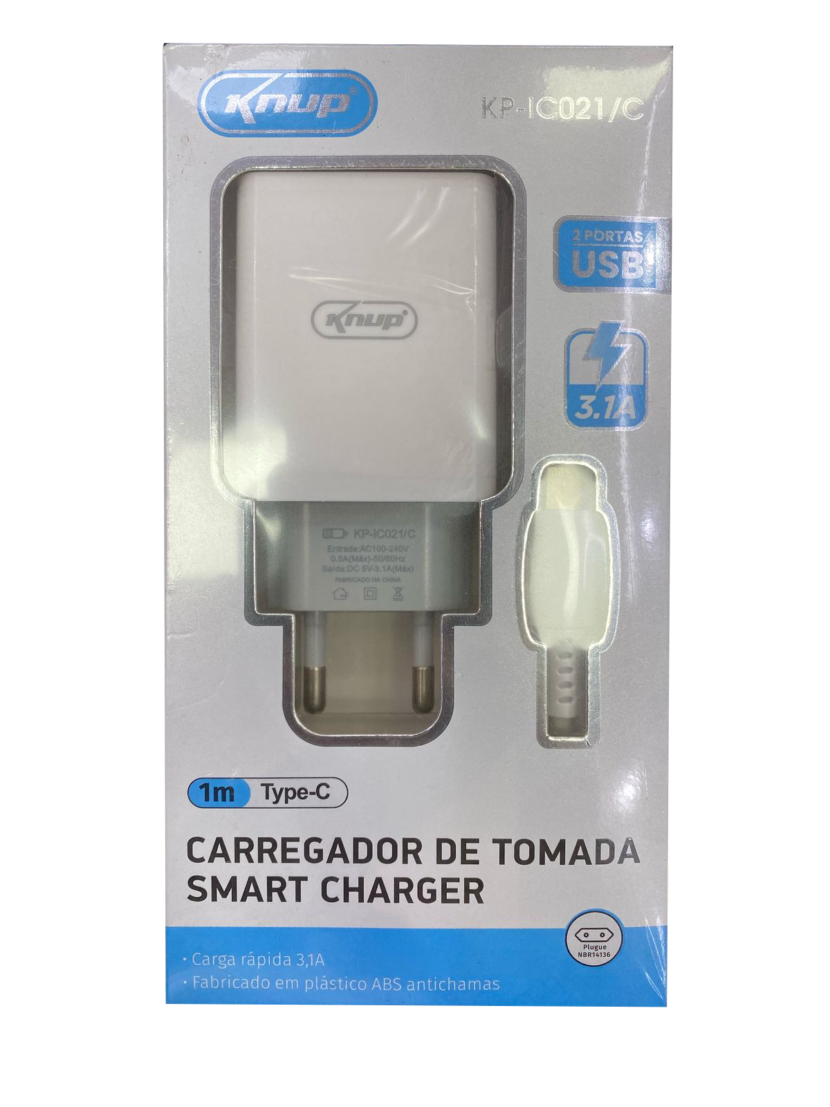 Carregador 3.1A 2 USB com cabo type-c knup KP-IC021/C