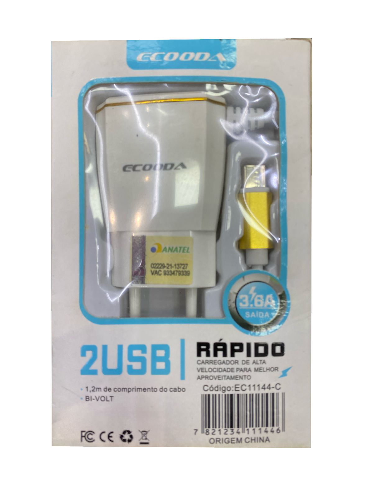 Carregador Rápido Ecooda 3.6a 2 Usb Tipo C